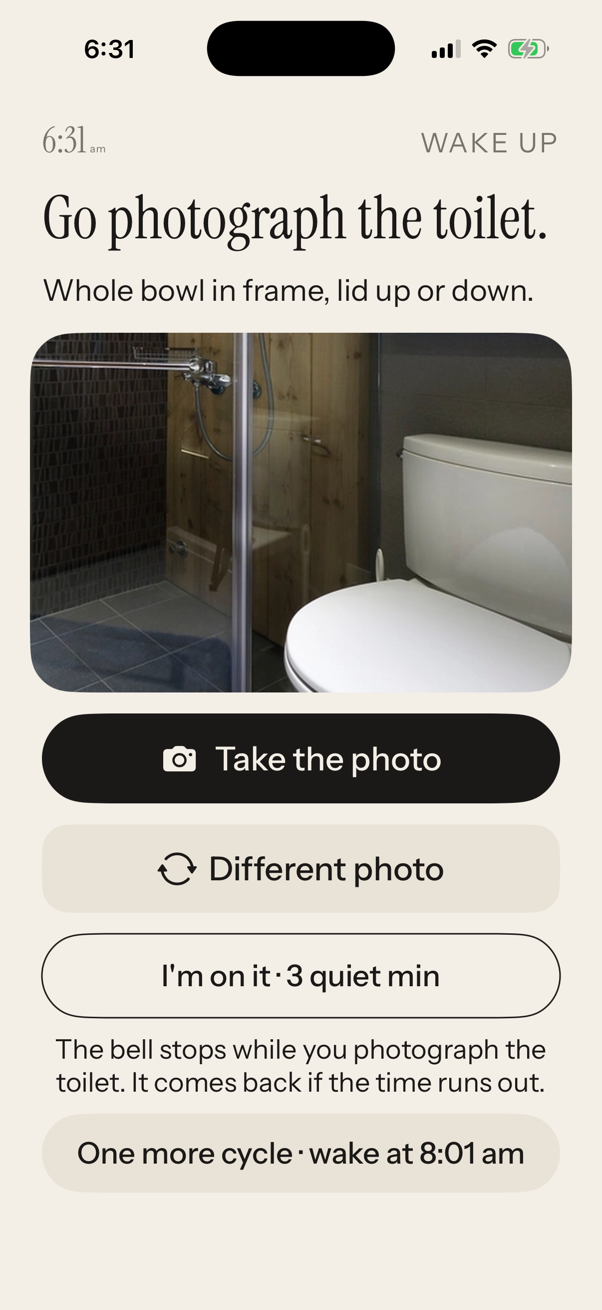 The photo wake gate: go photograph the toilet, with the camera view and the Take the photo button