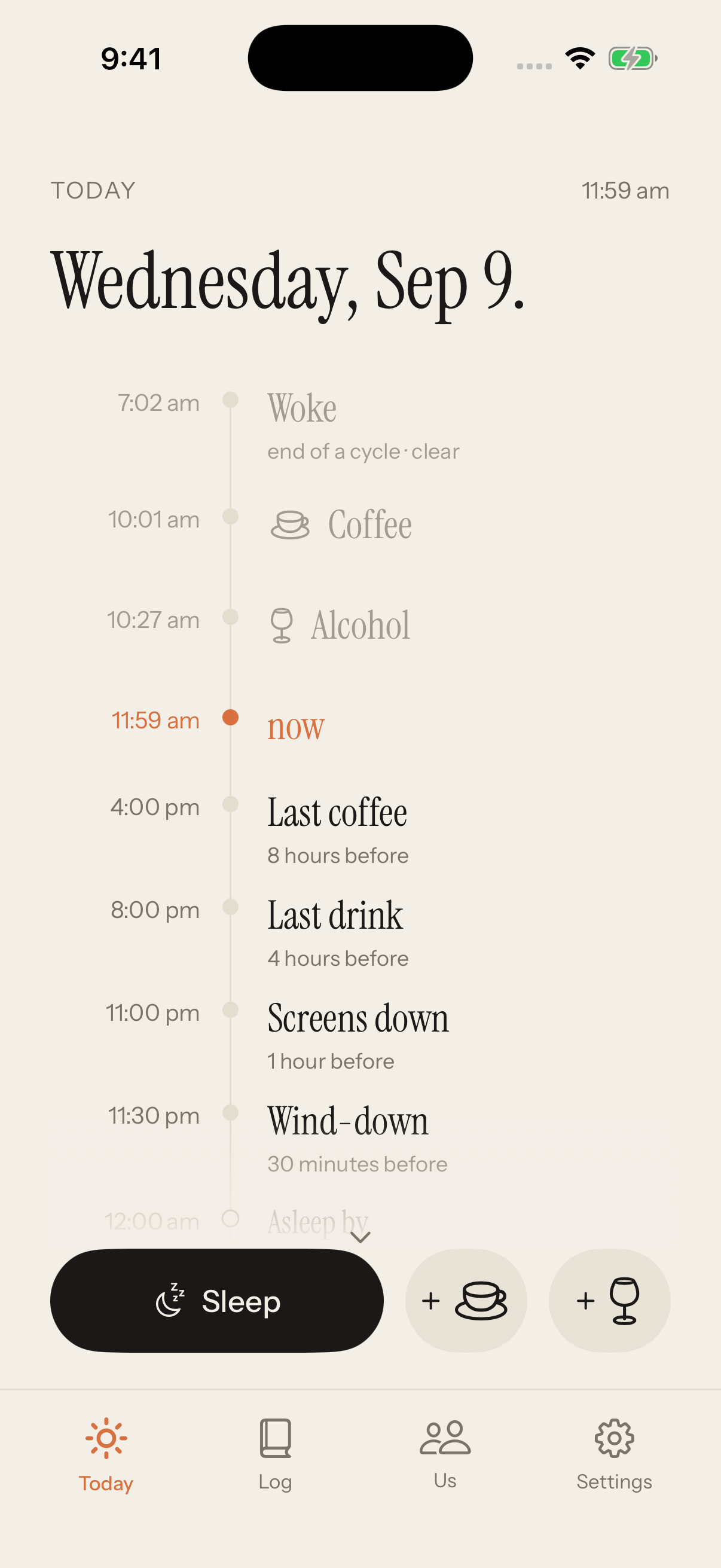 Daily sleep timeline with coffee logging, wind-down reminders, and bedtime