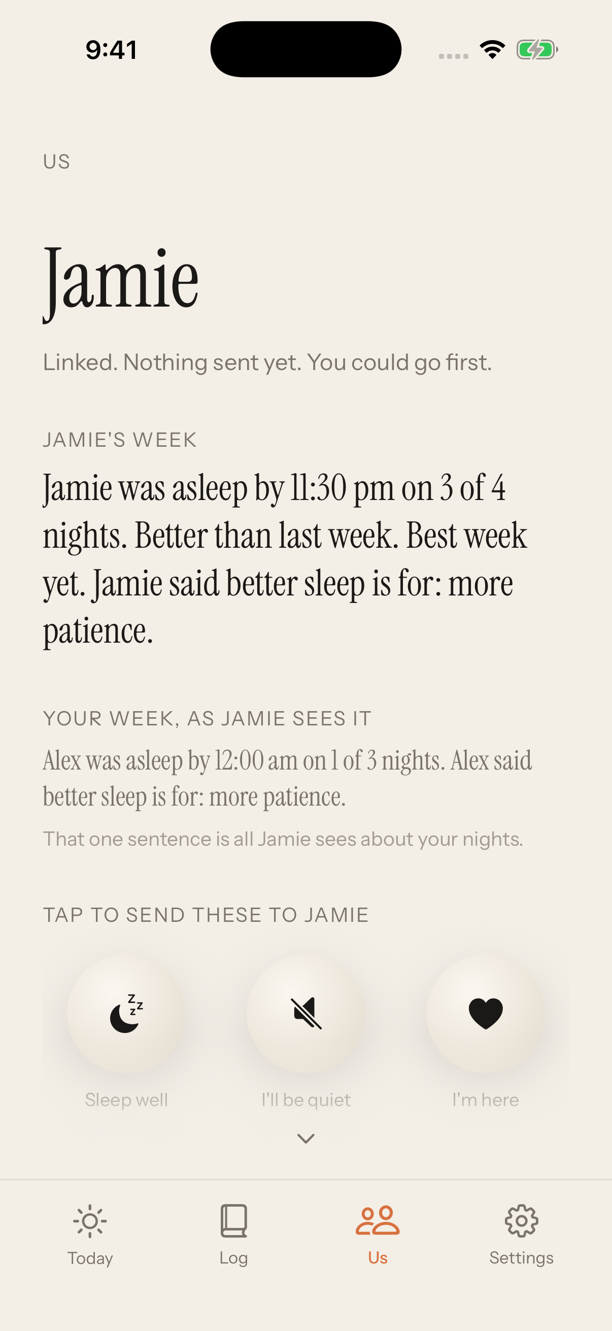 Send your partner Sleep well, I'll be quiet, I'm here, Proud of you, or Thank you
